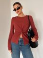 SHEIN Essnce Women's Solid Color Twist Knot Long Sleeve T-Shirt