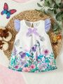 Baby Floral Print Ruffle Trim Bow Front Butterfly Sleeve Dress