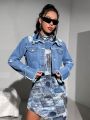 SHEIN ICON Loose Fit Casual Irregularly Cut Short Shredded Denim Jacket With Turn-Down Collar And Frayed Hem