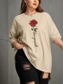 Plus Size Women'S Rose Printed Round Neck T-Shirt