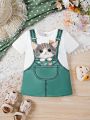 Baby Girls' Cute Cat Printed Short Sleeve 2 In 1 Dress For Summer