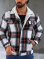 Men Plaid Print Teddy Lined Overcoat Without Hoodie