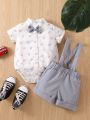 Baby Dinosaur Print Bow Front Shirt Bodysuit & Pinafore Shorts