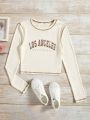 SHEIN Teen Girls Ribbed Knit Letter Graphic Top-stitching Tee