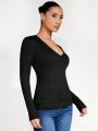 SHEIN BASICS V-Neck Long Sleeves Slim Fit T-Shirt