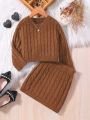 SHEIN Kids Nujoom Little Girls' Knitted Sweater Set With Twist Flower Pattern