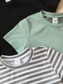 SHEIN 3pcs/set Toddler Boys' Street Style Casual Striped Print And Solid Color Short Sleeve T-shirt For Summer