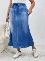SHEIN Essnce Plus Size Denim Printed Belted A-line Skirt