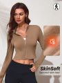 SHEIN Leisure Solid Color Thumb Hole Zipper Short Cropped Sports Jacket