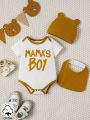 SHEIN Newborn Baby Boys' Cute Hat, Hip Hop Letter Print Romper, Bib Set