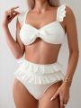 SHEIN Swim Mod Women'S Two Piece Swimsuit With Knot Front And Frilled Trim