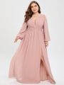 Plus Plunging Neck Lantern Sleeve Split Thigh Bridesmaid Dress