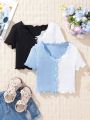 SHEIN Kids EVRYDAY Tween Girls' Knitted Contrast Color Cardigan And Casual T-Shirt Two Piece Set