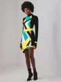 VB Collection Geo Print Mock Neck Asymmetrical Hem Belted Dress