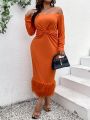 Plus Size Solid Color Off Shoulder Twist Knitted Hem Furry Dress