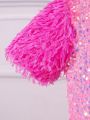 SHEIN Kids QTFun Little Girls' Feathered Sleeve Colorblock Sequin Decorated Fashion Dress