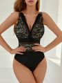 SHEIN DD+ Lace Splicing Deep V-neck One-piece Swimsuit