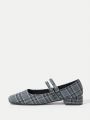 SHEIN MOD Women's Low Heel Mary Jane Plaid Cloth Flat Shoes For Ladies