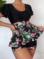 SHEIN Swim Classy Women's Tropical Print Ruffle Short Sleeve Top And Shorts Two Piece Swimsuit Set