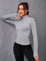 Thumb Hole Stand Collar Athletic Jacket With Batwing Sleeves