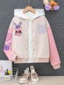 Tween Girls' Lovely Rabbit Slogan Printed Baseball Jacket For Adolescents