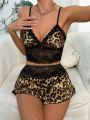 Leopard Print Contrast Lace Satin PJ Set