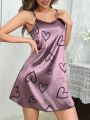 Heart & Letter Printed Satin Cami Nightgown