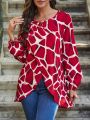 SHEIN LUNE Printed High-Low Hem Round Neck Long Sleeve Blouse