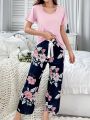 Floral Print Short Sleeve Long Pants Pajama Set