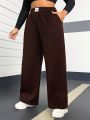 Women's Plus Size Wide-leg Pants With Letter Patch Decoration And Elastic Waistband