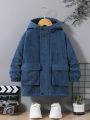 SHEIN Kids EVRYDAY Young Boy Flap Pocket Teddy Lined Hooded Corduroy Coat Without Sweater