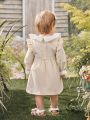 Baby Girl Spring And Summer Shirred Romantic Splicing Ruffle Collar Small Sleeves Long-Sleeved Spring Dress