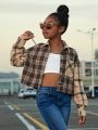 SHEIN Kids Cooltwn Junior Girls' Street Style Sports Woven Plaid Splice Loose Fit Long Sleeve Shirt