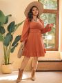 SHEIN VCAY Women's Plus Size Sweetheart Neck Balloon Sleeve Chest Pleated Dress