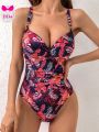 SHEIN DD+ Women's Tropical Print Push Up One Piece Swimsuit