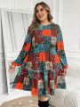SHEIN LUNE Plus Size Women's Patchwork Printed Lantern Sleeve Dress