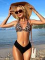 SHEIN Swim Classy Leopard Print Halter Neck Bikini Set