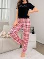 Women'S Letter & Heart Printed Short Sleeve Top Plaid Pants Pajama Set