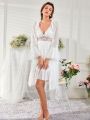 Ruffle Trim Flounce Sleeve Robe & Contrast Lace Cami Sleep Dress PJ Set