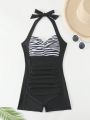 SHEIN Swim Vcay Ladies' Striped Halterneck One-Piece Swimsuit