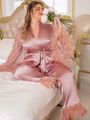 Plus Size Patchwork Mesh Heart Print Flare Sleeve Belted Pajama Set