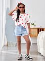 SHEIN Girls' Casual Loose-Fit Knitted Heart Print Short Sleeve T-Shirt With Round Neck For Daily Life