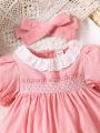 Baby Ruffle Eyelet Embroidery Puff Sleeve Dress With Headband