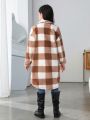 SHEIN Tween Girl Buffalo Plaid Print Drop Shoulder Flap Pocket Teddy Coat