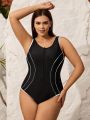 SHEIN Swim Basics Plus Size Zipper Front One Piece Swimsuit With Splice Edge Detail