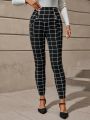 EMERY ROSE Women's Slim Fit Grid Pattern Printed Long Pants