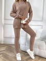 SHEIN Essnce Women's Solid Color Ribbed V-neck Sweater And Long Pants 3-piece Set