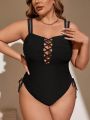 SHEIN Swim Basics Plus Size Crossed Drawstring Cami Strap One-Piece Swimsuit