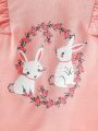 SHEIN Baby Girl Rabbit & Floral Print Ruffle Trim Tee & Pants