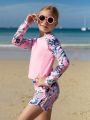 Tween Girl Tropical Print Rashguard Swimsuit With Bikini Bottoms And Shorts